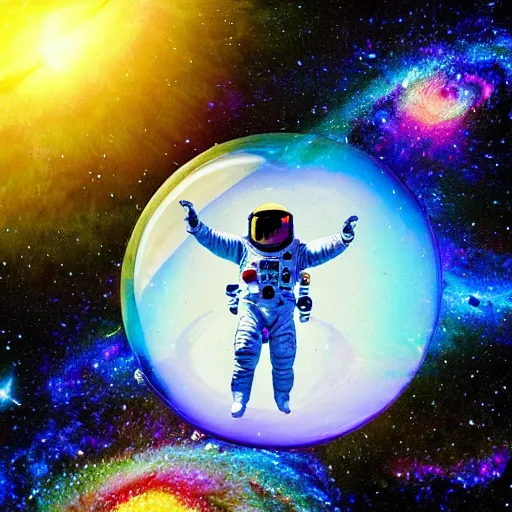 Prompt: ”astronaut in a soap bubble floating into a mysterious vortex in a strange galaxy, [epic, colorful, aweinspiring, otherwordly]”