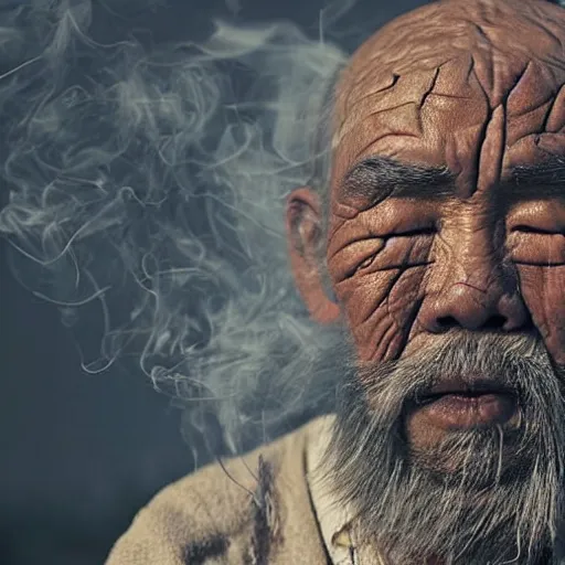 Image similar to floating old asian man with beard, his head covered in jewels, full face occult silver mask, glowing eyes, wearing a large carved wooden stick, smoke around him, in the dry rock desert, cinematic shot, wide angle, desert background, multiple eyes by Denis Villeneuve, Lubezki, Gaspar Noe and Christopher Doyle, Alejandro Jodorowsky, anamorphic lens, anamorphic lens flares, kodakchrome, cinematic composition, practical effects, award winning photo, 8k