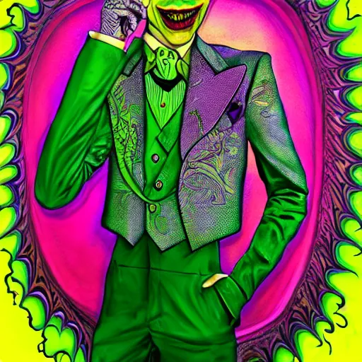 Prompt: an extremely psychedelic portrait of the riddler as the joker, surreal, lsd, face, detailed, intricate, elegant, lithe, highly detailed, digital oth, sharp focus, illustration,