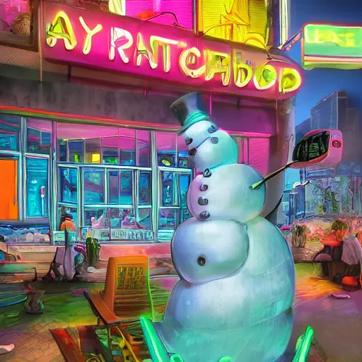 Image similar to beautiful hyperdetailed digital painting of a snowman sitting on a bench outside a futuristic neon cyberpunk ice cream store, cyberpunk city in background, night time, stunning lighting, dreamy, global illumination, octane render, trending on artstation, unreal engine 5, 4 k