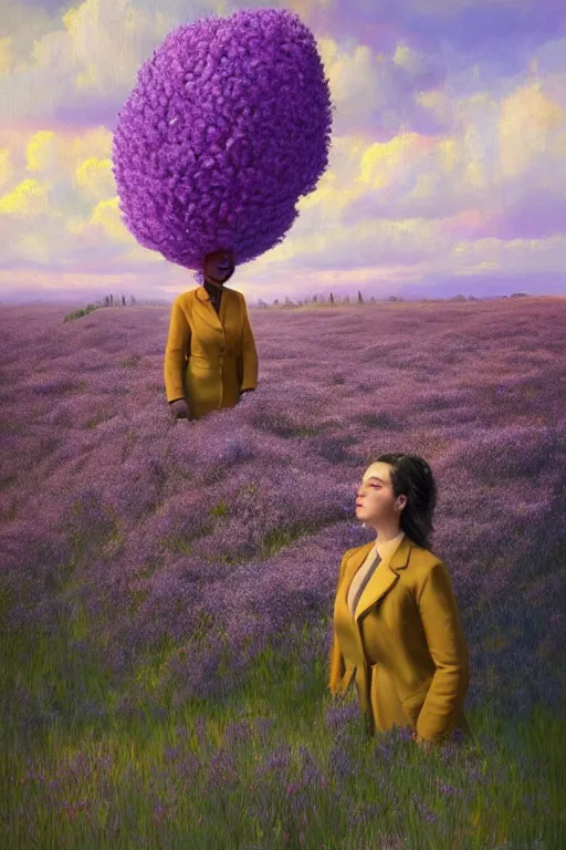 Prompt: portrait, a giant lilac flower as head, black woman in suit in heather field, surreal photography, golden hour, colorful clouds, impressionist painting, digital painting, artstation, simon stalenhag