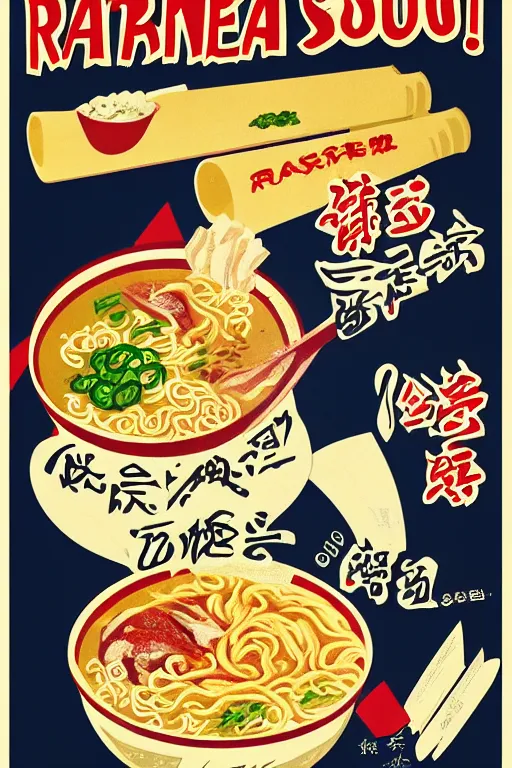 Prompt: vintage poster of delicious ramen soup