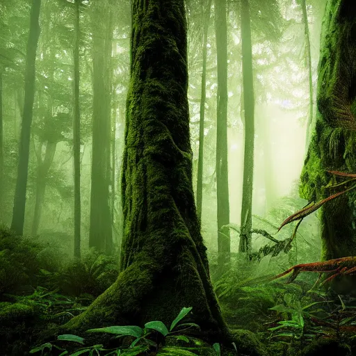 Image similar to pacific northwest rain forest, green, brown, realistic, monster hidden in background, photograph, twilight, fog