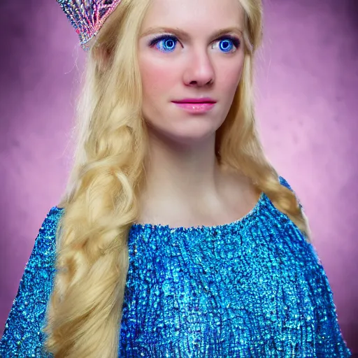 Prompt: close up headshot of a princess with long blonde hair and blue eyes wearing a strapless elaborately beaded pink dress, high resolution film still, 8k, HDR color, film by Simon Langton and David Frankel, diamond shaped face, weak chin