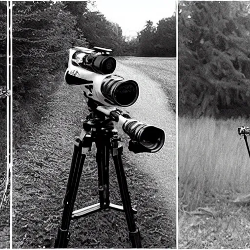 Image similar to black and white trail cam footage at night of queen elizabeth with a bazooka