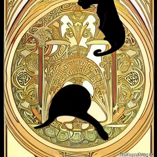 Prompt: beautiful, gorgeous art nouveau drawing of a black egyptian cat by alphonse mucha, impressive, wonderful, very detailed, perfect anatomy, symmetrical, trending on artstation, masterpiece