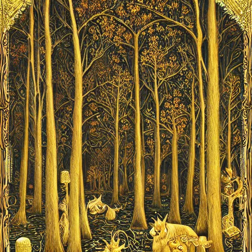 Prompt: a beautiful forest made of ivory and gold, highly intricate, digital art, very detailed, in the style of a weird and dark art noveau flemish painting