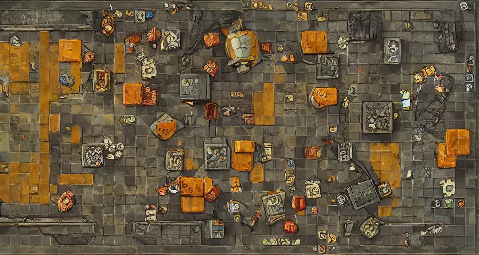 Image similar to Dungeons and Dragons top down dugeon tile, board game, maschinen krieger, ilm, beeple, iron smelting pits, high tech industrial, saturated colours