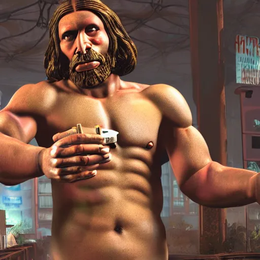 Image similar to saint homo neanderthalis with science bible on hand, gta chinatown art style, bioshock infinite art style, sharp focus hyperrealistic, rgba colors, remove duplicate content, justify contents center.