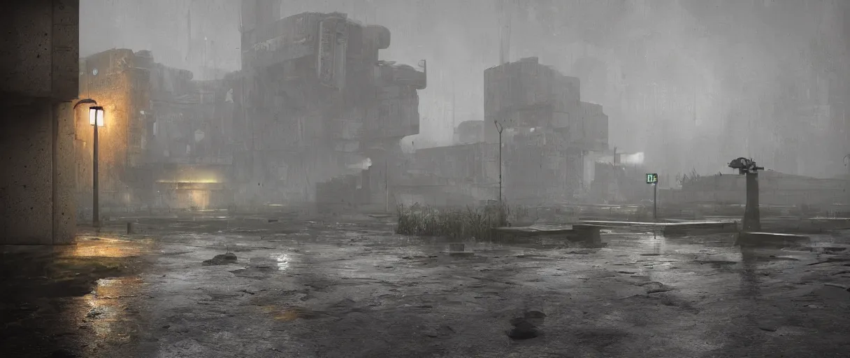 Image similar to heavy mechanical weapon by Ian McQue, concrete brutalism buildings by le corbusier on the background, dark, foggy, puddles of water, woods, high quality, volumetric lighting, cryengine