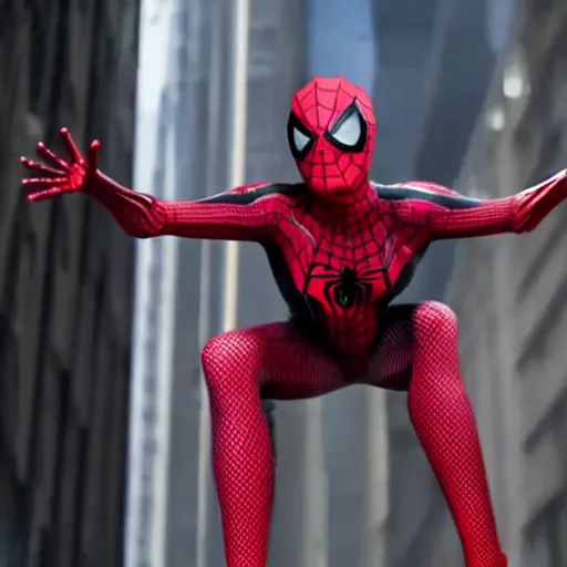 Image similar to A still of Mila Jovovich as spiderwoman in Spiderman 4 (2023), blonde hair with pink highlights, no mask