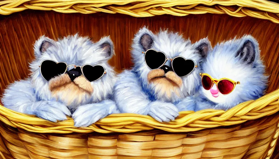 Prompt: highly detailed painting of cute furry furbys wearing shades cuddling up in a basket by william turner, thick brush strokes and visible paint layers, 4 k resolution