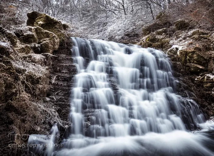 Prompt: photograph of a waterfall, winter, landscape photography, award winning, canon, sony, nikon, 4 k, hd