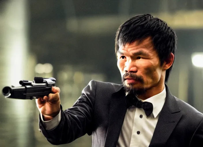 Prompt: film still of manny pacquiao, wearing a suit, holding a gun, dodging a bullet in slow - motion, in the new matrix movie, 8 k, highly detailed face, dark glasses