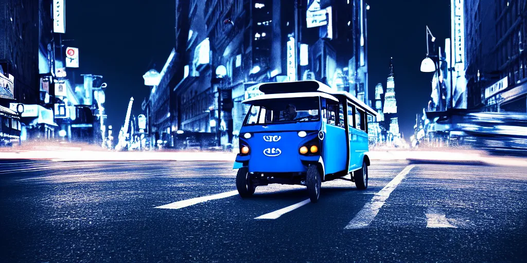 Image similar to an open frame blue tuk tuk going through a desolate manhattan city street at night, statue of liberty seen in the background, realistic 4 k octane beautifully detailed render, 4 k post - processing, highly detailed, detailed face, intricate complexity, epic composition, magical atmosphere, cinematic lighting, masterpiece, color picture, ultra hd