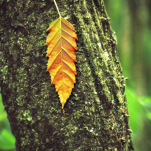 Image similar to realistic photo of a leave nailed with a rusty nail in a tree log, in a forest