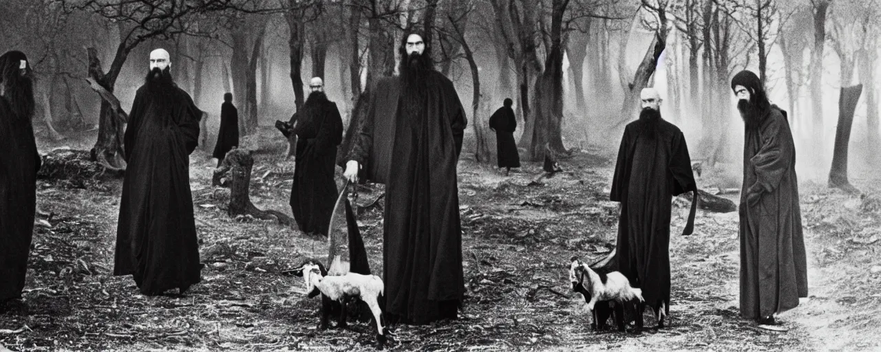 Image similar to still of breaton monks looking like rasputin with a goat from movie stalker ( 1 9 7 9 ) by andrei tarkovsky, polaroid