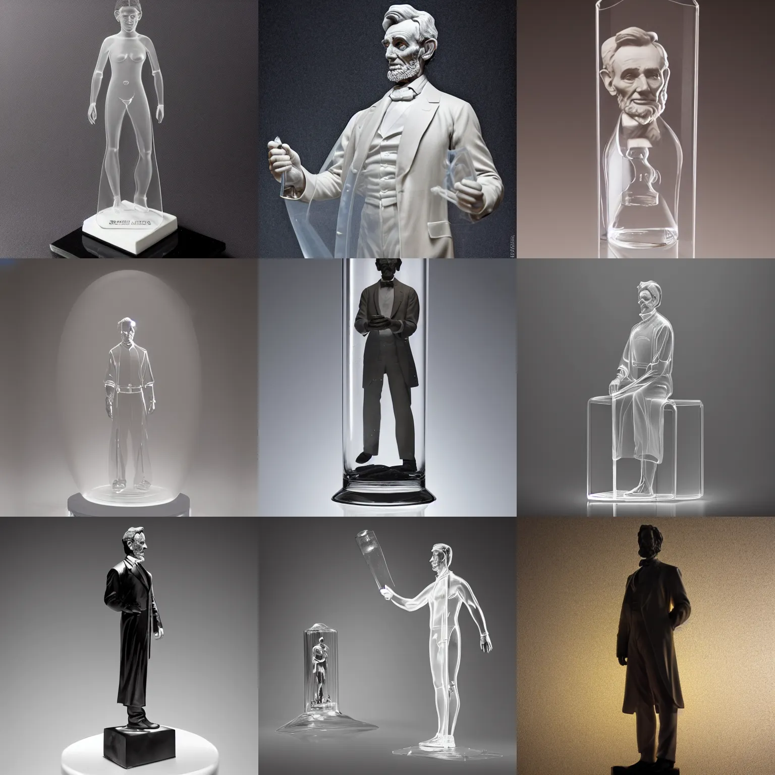 Prompt: product photography. rule - of - thirds. studio lighting. national geographic merchandise. transparent figurine. see - through. upper body portrait photograph of a transparent!!!!! glass!!!!! statuette of abraham lincoln. award winning concept. by greg rutkowski | james gurney | artstation. curtain bg.