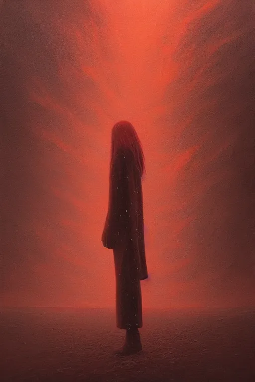 Prompt: a painting of a person standing in the snow, falling snow, a surrealist painting by zdzisław beksinski and by alena aenami, deviantart, nuclear art, dystopian art, apocalypse landscape, red color scheme, surrealist