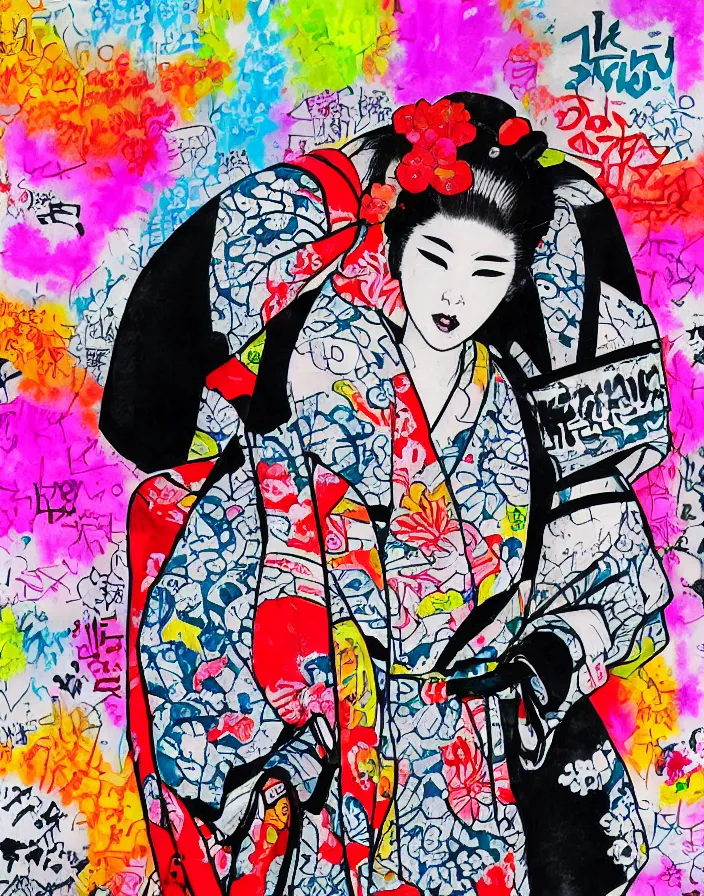Prompt: ink on paper, a portrait of a geisha wearing a colorful kimono with graffiti tags in front of a tokyo subway, by goyo hashiguchi!!, colorful, xray melting colors!!