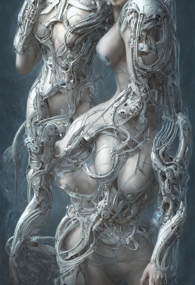 Image similar to beautiful white cyborg goddess, by william - adolphe bouguereaum artgerm and hr giger and zdzislaw beksinski, matte painting, hyperdetailed, symmetry, art nouveau, beautiful render, concept art