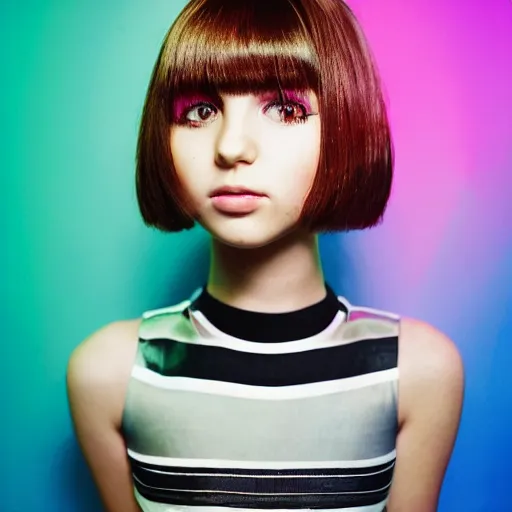 Prompt: Hydropunk girl with a summer vibrancy bobcut, flashy modern background with black stripes, color graflex photograph