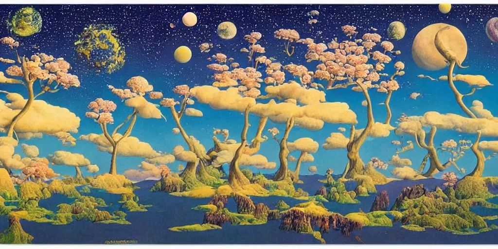 Image similar to blossom trees on a floating world with deep blue starry sky by roger dean