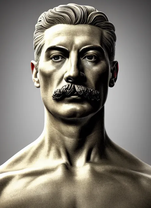 Image similar to a statue made of white marble with gold veins, of josef stalin, transhumanism, full body shot, perfect symmetrical body, perfect symmetrical face, hyper realistic, hyper detailed, by johannen voss, by peter kemp, by monia merlo, by michelangelo, by ernst haeckel, by alex grey, octane render, blender, 8 k