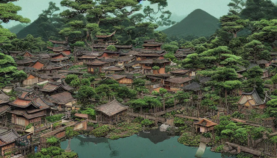 Image similar to japanese village in green mountains by shigeru mizuki, hyperdetailed, artstation, cgsociety, 8 k