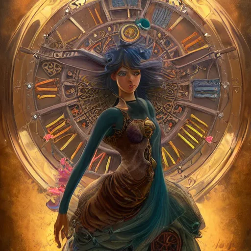 Image similar to ultra realistic illustration of steampunk magical fairy, clocktower, industrial, factory, magic spells, lenses, colorful lights, intricate, elegant, highly detailed, digital painting, artstation, concept art, smooth, sharp focus, illustration, art by artgerm and greg rutkowski and alphonse mucha