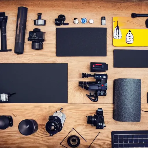 Image similar to flat lay filmmaking equipment, photorealistic, detailed, hyperreal,