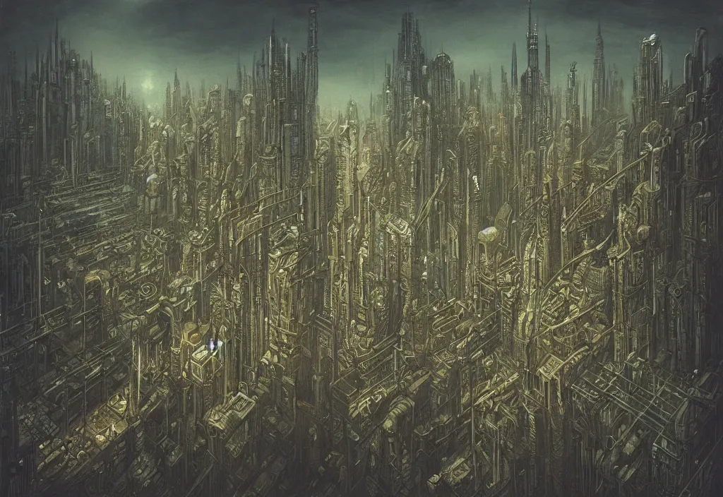 Prompt: in the art style of H.R. Giger, a cyberpunk city scape in isometric style, by Beksinski 4k, deviantart, trending on artstation