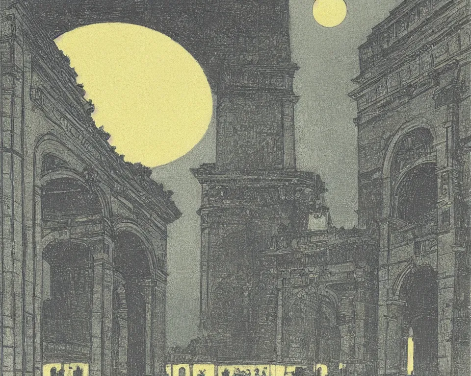 Image similar to achingly beautiful print of the Arc de Triomphe bathed in moonlight by Hasui Kawase and Lyonel Feininger.