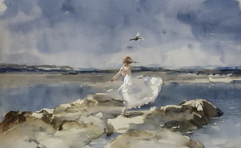 Prompt: watercolor lanscape by anders zorn, flying birds, water, white dress