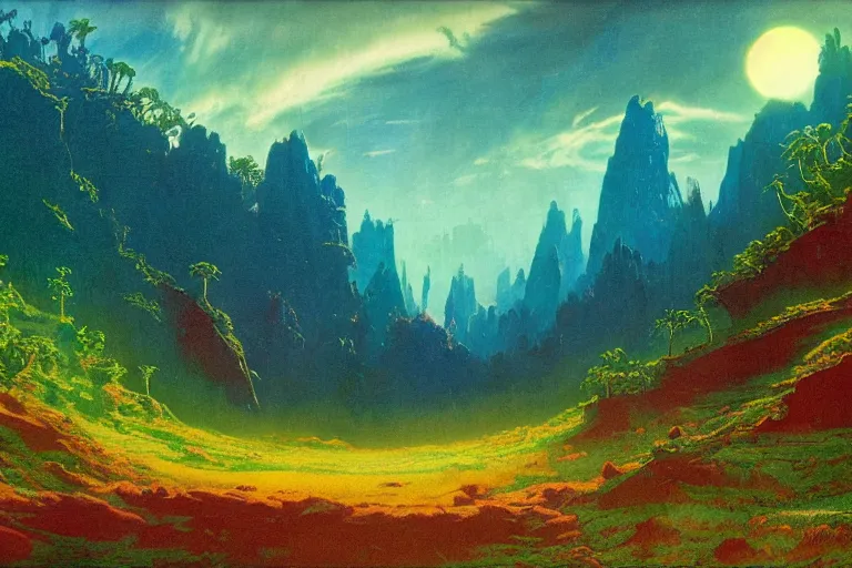 Prompt: land before time elemental rotoscoped big bang landscape in the style of dr. seuss, 2 0 0 1 a space odyssey, painting by albert bierstadt