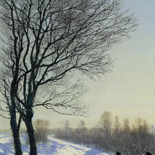 Image similar to early spring, thawed snow, trees, rooks sitting on trees, by alexey savrasov