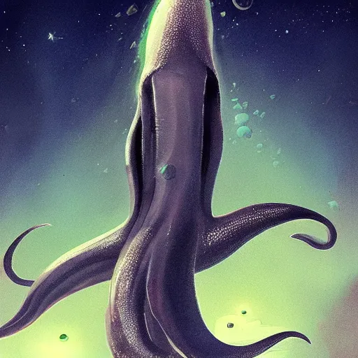 Image similar to giant squid floating in space, 8k, digital art, sci-fi, trending on artstation