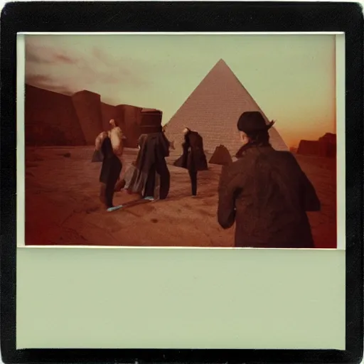 Image similar to polaroid photo, oldschool 8 0 s pyramid!!! triangular!!! cardboard!!! soviet ussr milk pack, blue, red, white, in game pathologic 2, unreal engine,