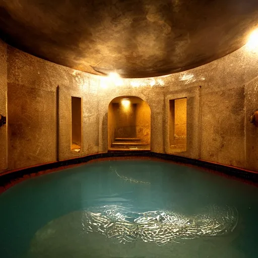 Prompt: Steamy Aztec Public Bathhouse, Golden, Golden Water