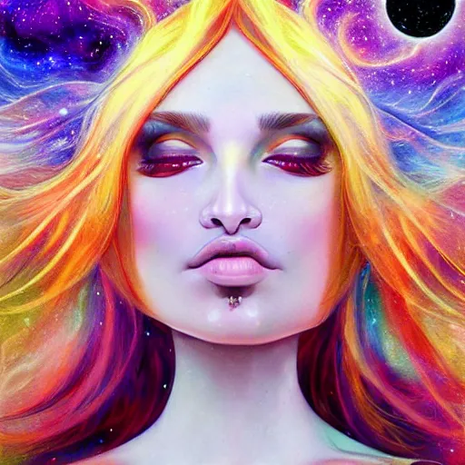 Prompt: a portrait of kim petras with her eyes closed, galaxy colored psychedelic chakra awakening kundalini ethereal vibes, transcending to a higher plane of existence, eternal blessing, multiverse, by android jones, by ben ridgeway, visionary art, by artgerm, featured on artstation, cgsociety, by greg rutkowski