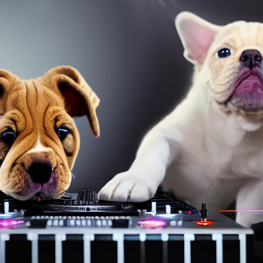 Image similar to puppy as a DJ, 8k, volumetric lighting, hyper realistic