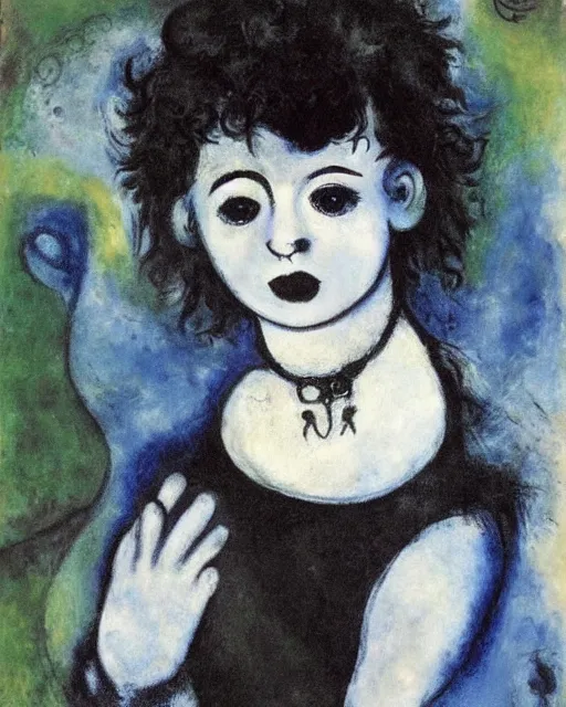 Prompt: A goth portrait painted by Marc Chagall. Her hair is dark brown and cut into a short, messy pixie cut. She has a slightly rounded face, with a pointed chin, large entirely-black eyes, and a small nose. She is wearing a black tank top, a black leather jacket, a black knee-length skirt, a black choker, and black leather boots.