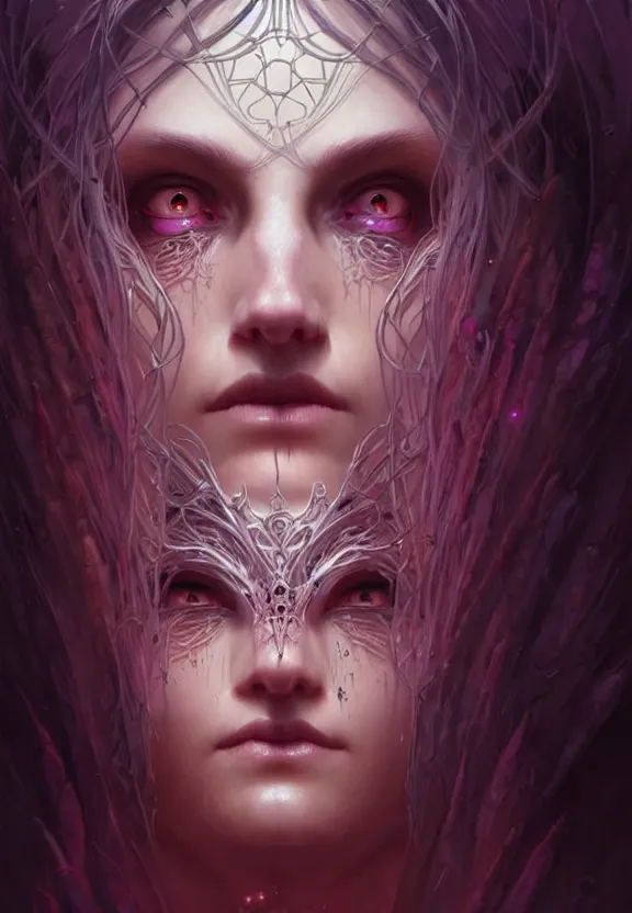 Image similar to Necromancer Sorceress face close-up macro in center, fantasy magic, undercut hairstyle, dark light night, intricate, elegant, sharp focus, illustration, highly detailed, digital painting, concept art, matte, art by WLOP and Artgerm and Greg Rutkowski and Alphonse Mucha, masterpiece