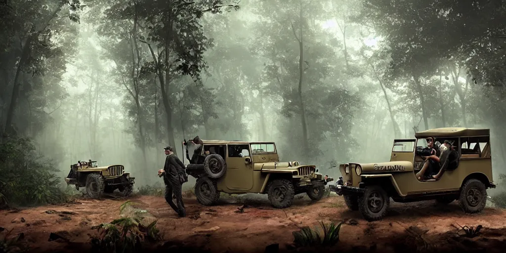 Prompt: british officers riding willys jeep, in kerala forest road in 1921, chasing a culprit, action scene, an epic fantasy, dramatic lighting, cinematic, establishing shot, extremely high detail, photorealistic, cinematic lighting, matte painting, artstation, by simon stalenhag, horizon forbideen west