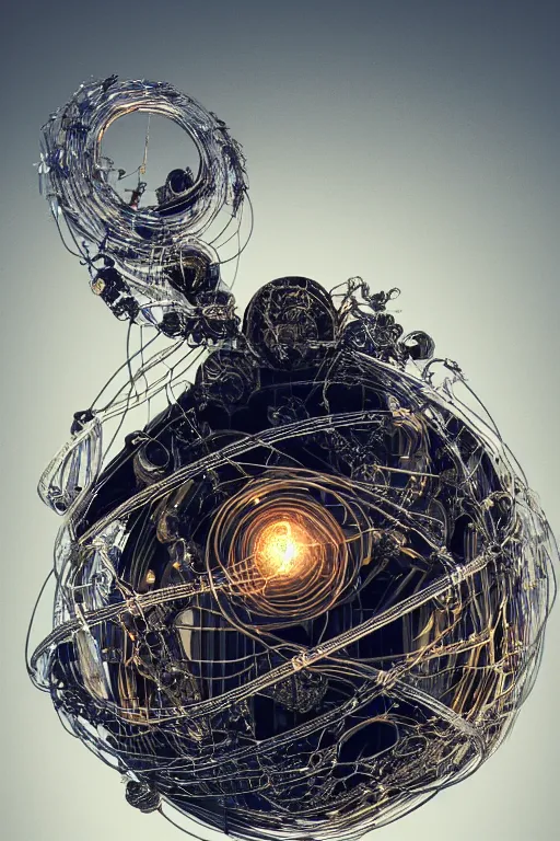 Prompt: an immaculate render of a metallic spiral made of old modular robot parts spawning cables and bird wings surrounded by glowing orbs made from chrome and incense smoke with a black background, powerful, cinematic, beautifully lit, no background, by craig mullins, by galan pang, 3 d, trending on artstation, octane render, 8 k