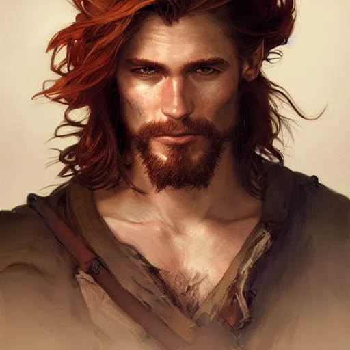 Image similar to portrait of a young ruggedly handsome but charming pirate, male, masculine, upper body, red hair, long hair, d & d, fantasy, soft lips, intricate, elegant, highly detailed, digital painting, artstation, concept art, matte, sharp focus, illustration, art by artgerm and greg rutkowski and alphonse mucha