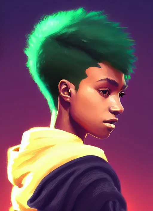 Prompt: photographic portrait of an handsome young black woman with a mohican haircut and green eyes in a back hoodie, atmospheric lighting, elegant, highly detailed, digital painting, artstation, concept art, sharp focus, star wars, illustration, art by makoto shinkai