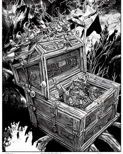 Image similar to a treasure chest, black and white, fantasy art, object art, in the style of masami kurumada, illustration, epic, fantasy, intricate, hyper detailed, artstation, concept art, smooth, sharp focus, ray tracing