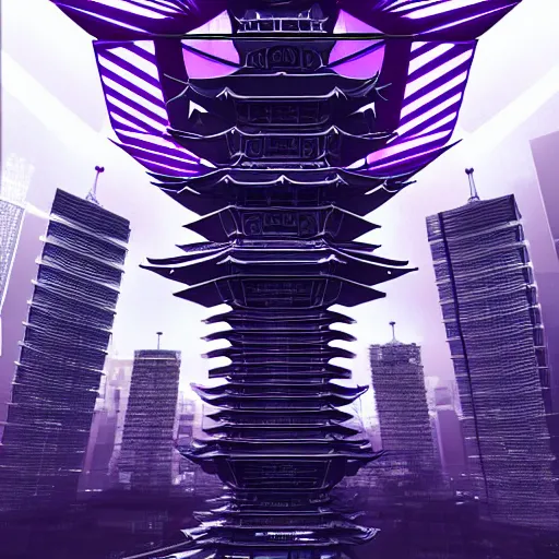 Image similar to Futuristic Pagoda Shrine in Tokyo megapolis in style of Tsutomu Nihei in purple and black tones. ArtStation, Cyberpunk, vertical symmetry, 8K, Highly Detailed, Intricate, Album Art.