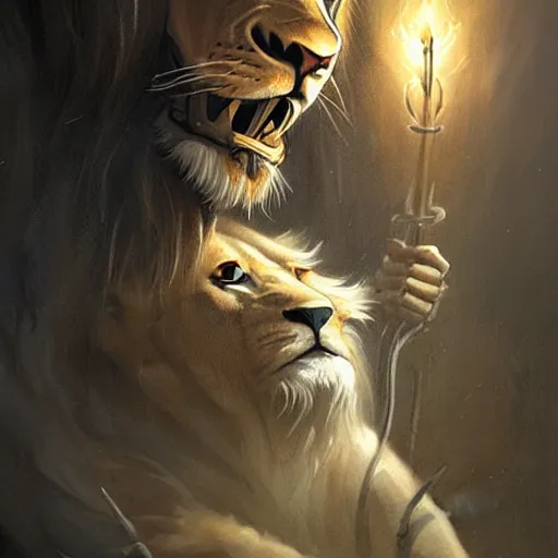 Image similar to an anthropomorphic half lion half human holding a wand,wizard,fantasy art,digital art,art by greg rutkowski,realiatic,photorealistic,hyperdetailed,detailed face,professional lighting,mysterious,cinematic